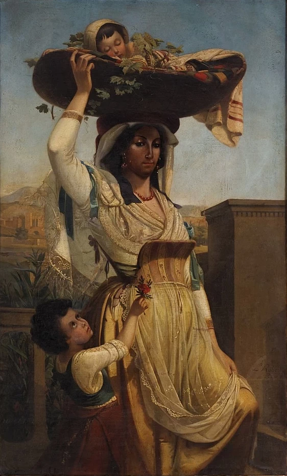 Giovane donna italiana e due bambini - attribuito